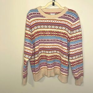 J Crew 100% Cotton Nordic Striped Pullover Cream Sweater Pink and Blue Accent 2X